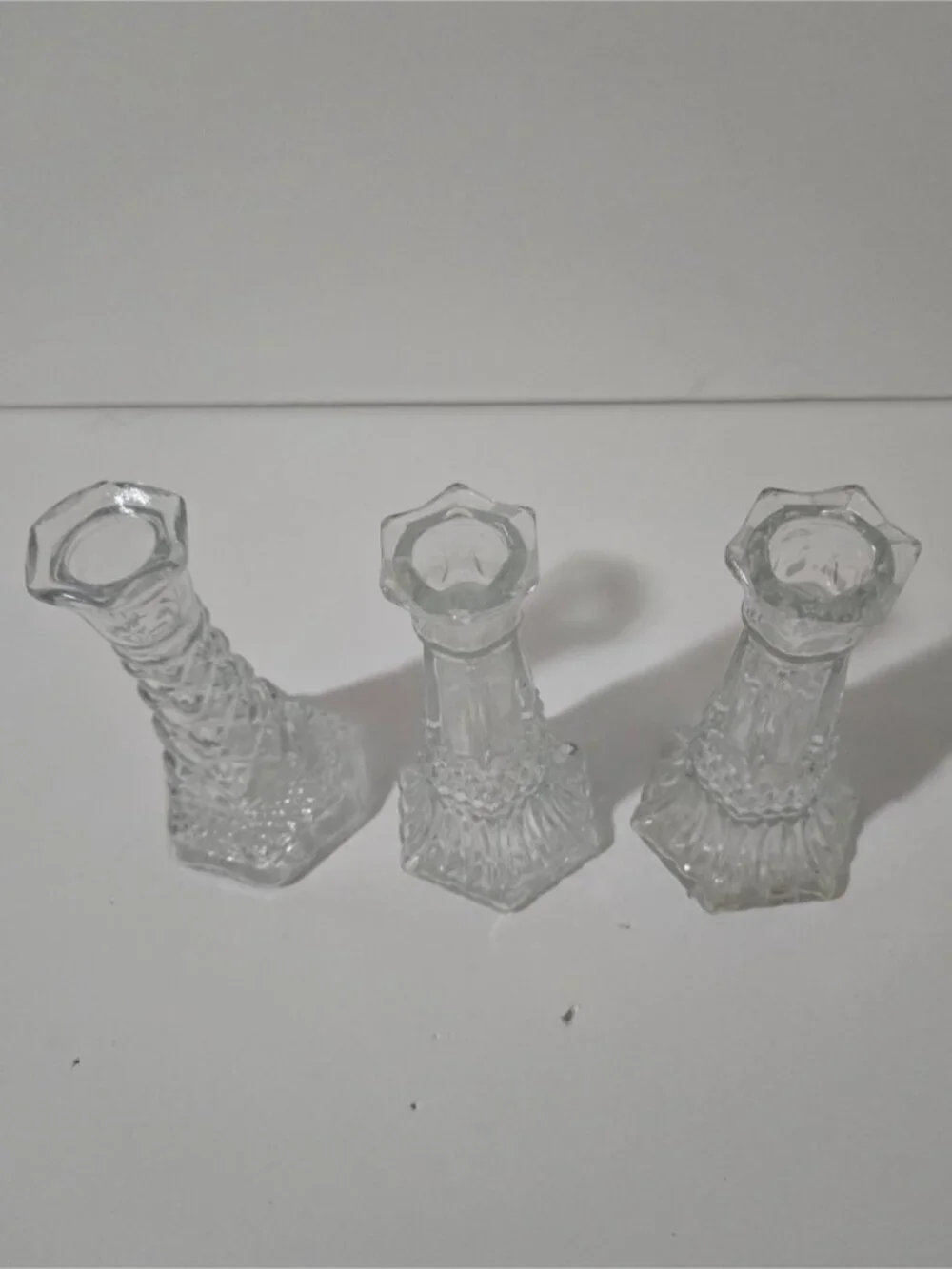 Set of 3 Vintage Pressed Glass Candle Holders – Clear Glass Mixed Designs